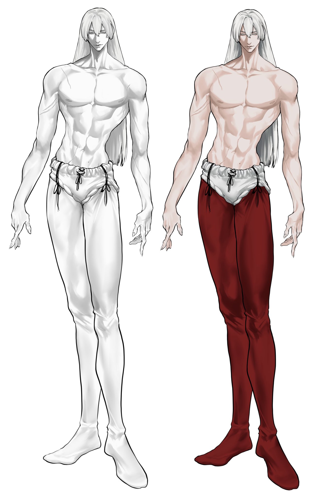 this image shows a white outline and a colored version of the same anime character, a humanoid male with long white hair, standing with his arms by his side.  the character is wearing underwear with white pants over them and red pants in the colored version.  the character has a muscular build.