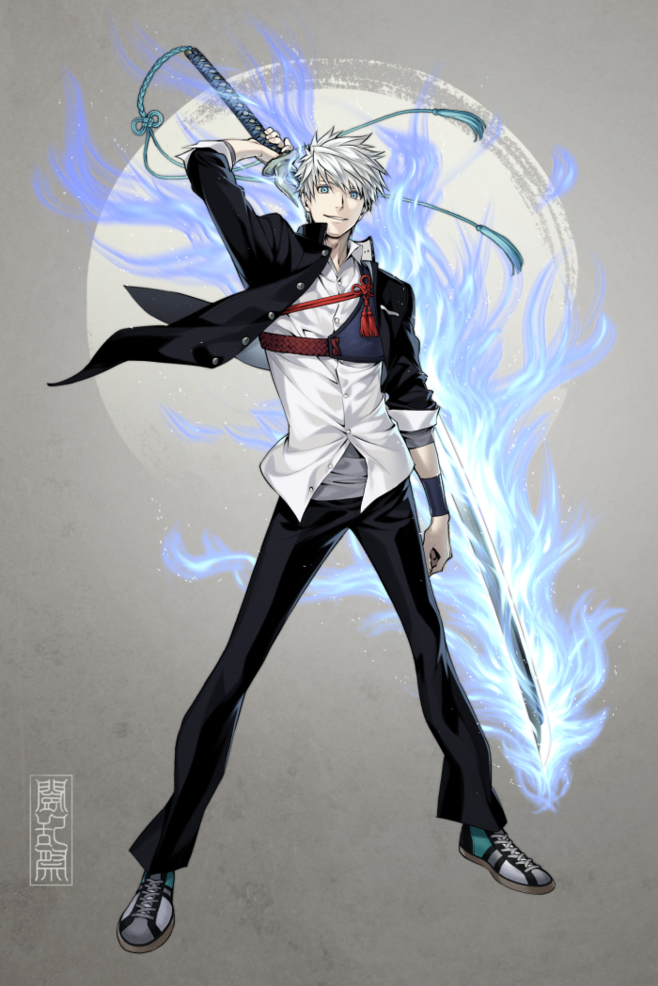 this digital illustration shows a young animestyle boy with white hair and blue eyes, holding a katana sword. the background has a hazy white and blue flame pattern. the boy is dressed in a black jacket, white shirt, and black pants. his confident expression conveys strength and determination. the overall art style is vibrant and dynamic, capturing a sense of action and intensity.