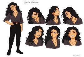 the image shows a character design sheet for a woman named sylvie madson. it includes a full body depiction of her in a dark gray longsleeved wrap top tucked into highwaisted black pants with a brown belt and black boots. the sheet also features six headshots of the woman displaying different facial expressions such as angry, thoughtful, surprised, and happy. she has curly black hair and wears a gold necklace. the artwork is in a cartoon style.
