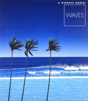 this artwork is a print by hiroshi nagai. it is a depiction of three palm trees on a beach with waves crashing in the background. the sky is a vivid blue and the water is a light blue, with the waves rendered in shades of blue. the palm trees are silhouetted against the sky, giving the piece a sense of depth. the piece is minimalist and simple in its design, with a focus on the natural beauty of the scene. the artwork is likely to appeal to those who appreciate nature and simple aesthetics.