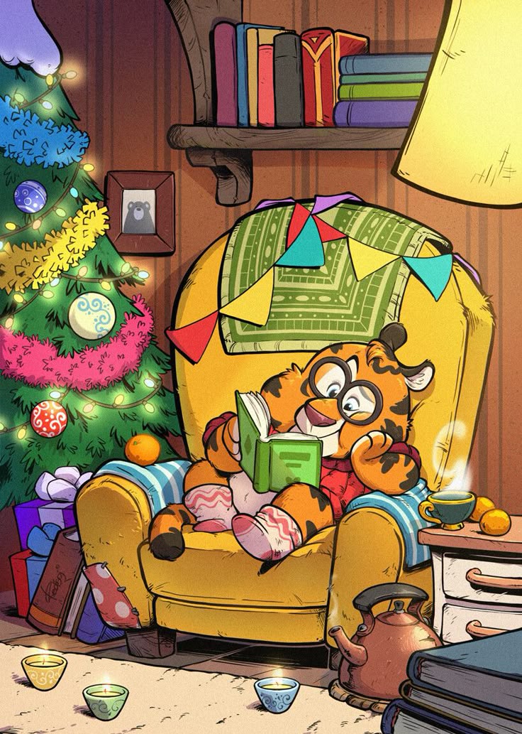 an illustration depicts a cartoon tiger wearing glasses and striped socks sitting in a yellow armchair reading a green book. a colorful christmas tree decorated with lights, tinsel, and ornaments stands to the left of the chair, with wrapped gifts underneath. a lamp illuminates the scene from above, and a shelf with books sits on the wall. bunting hangs across the back of the armchair. a cup of tea and tangerines sit on a bedside table. three candles sit on the floor. a teapot and stack of books sit on the floor by the table.