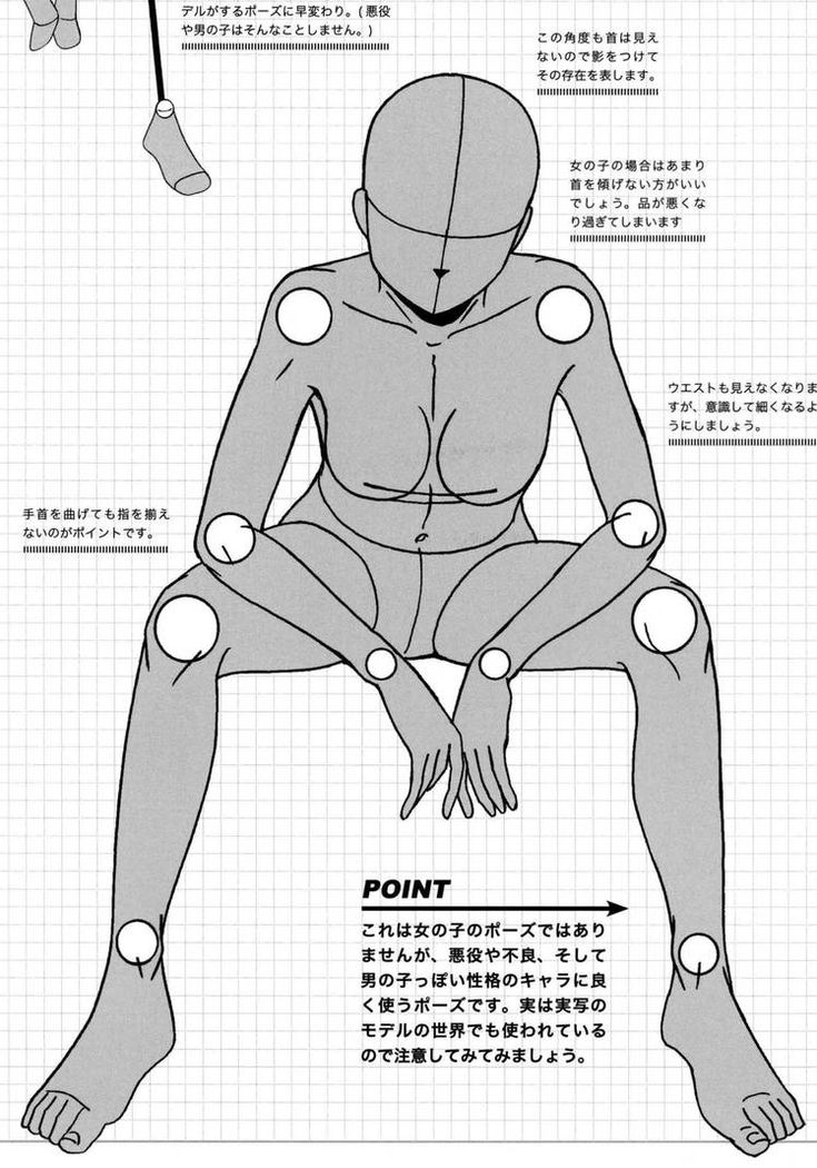 this is a drawing guide showing how to draw a female figure sitting with her legs crossed. the image shows the basic proportions of the body and the placement of the limbs.  the drawing is simplified, using basic shapes to represent the body. the guide includes instructions on how to draw the head, neck, shoulders, arms, hands, legs, and feet.