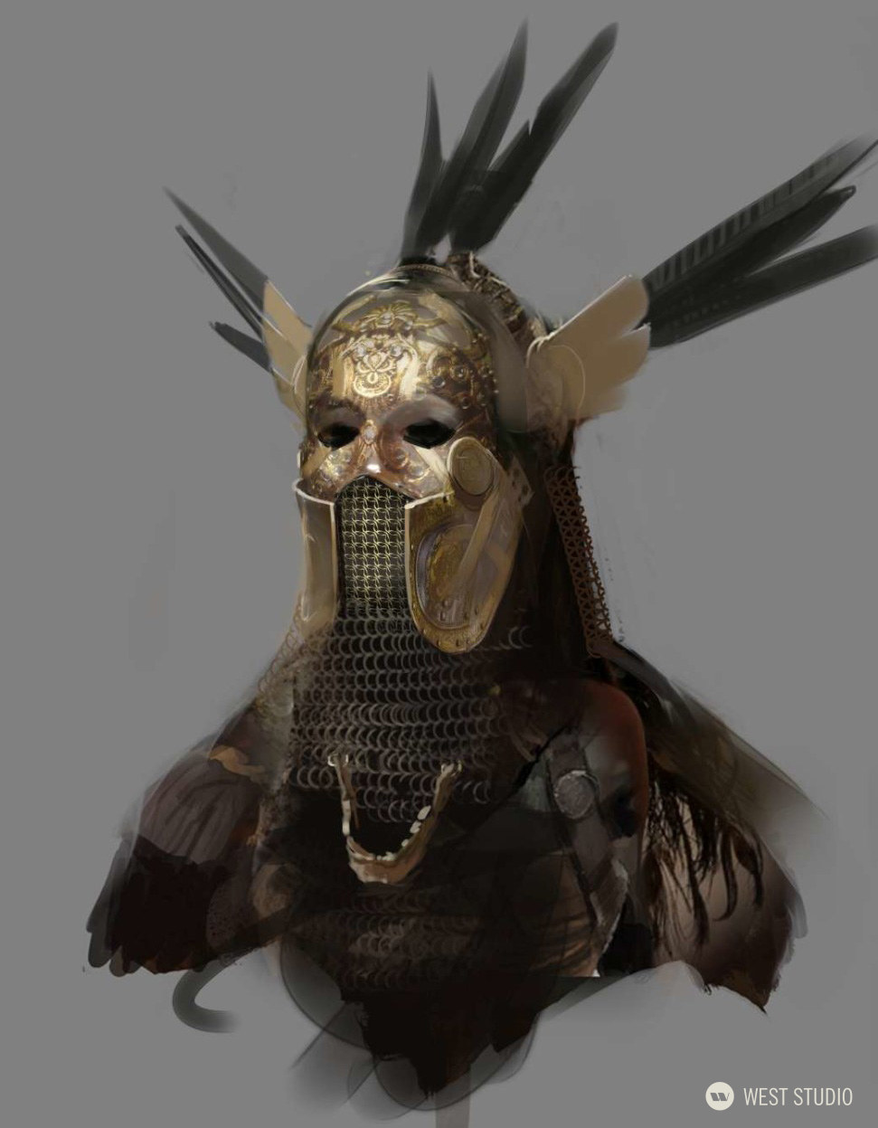 the image showcases a digital painting of a female warrior's head and shoulders. she wears ornate, goldaccented armor, including a helmet with a mask obscuring her face entirely. the helmet is adorned with prominent, splayed black feathers. her expression is hidden, lending an air of mystery and strength. the background is a neutral gray, keeping the focus solely on the warrior and her intricate armor.