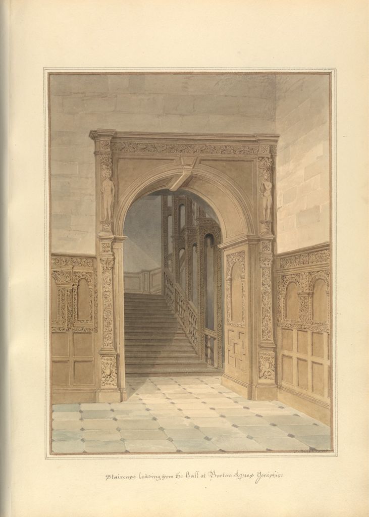 a watercolor drawing of a staircase leading from a ball in a historical building, likely hurlstone hall in yorkshire. the view is framed by an ornate archway and wooden paneling. the staircase ascends through multiple arched openings. the flooring consists of lightcolored square tiles. figures adorn the archway and the balustrade of the stairs is intricately designed. the image has a historical aesthetic.
