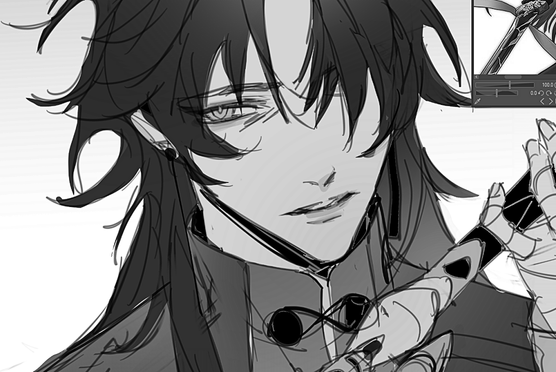 a black and white sketch of an anime character, a handsome boy with long dark hair and sharp eyes. he is wearing a jacket with a high collar and holding a sword. he looks serious and determined.  the sketch is done in a dark and dramatic style, with strong contrasts between light and dark.  the character is welldefined and the details are wellexecuted. the overall image is striking and full of emotion.