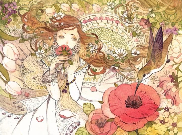 this is a whimsical and detailed illustration featuring a woman with flowing red hair and a white dress surrounded by flowers and a hummingbird. the style is reminiscent of art nouveau and fairytale imagery, with a soft watercolor effect. the woman is holding a red flower up to her face, and the hummingbird is reaching towards another red flower. there are tulips and roses in the background, as well as decorative floral patterns and a vintage feel to the artwork.