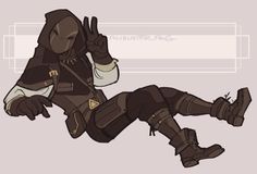 a character design concept illustration. the character appears to be a rogue or assassin, drawn in shades of brown. they have a slim build and are wearing a hood and mask. they are making a peace sign with their right hand.
