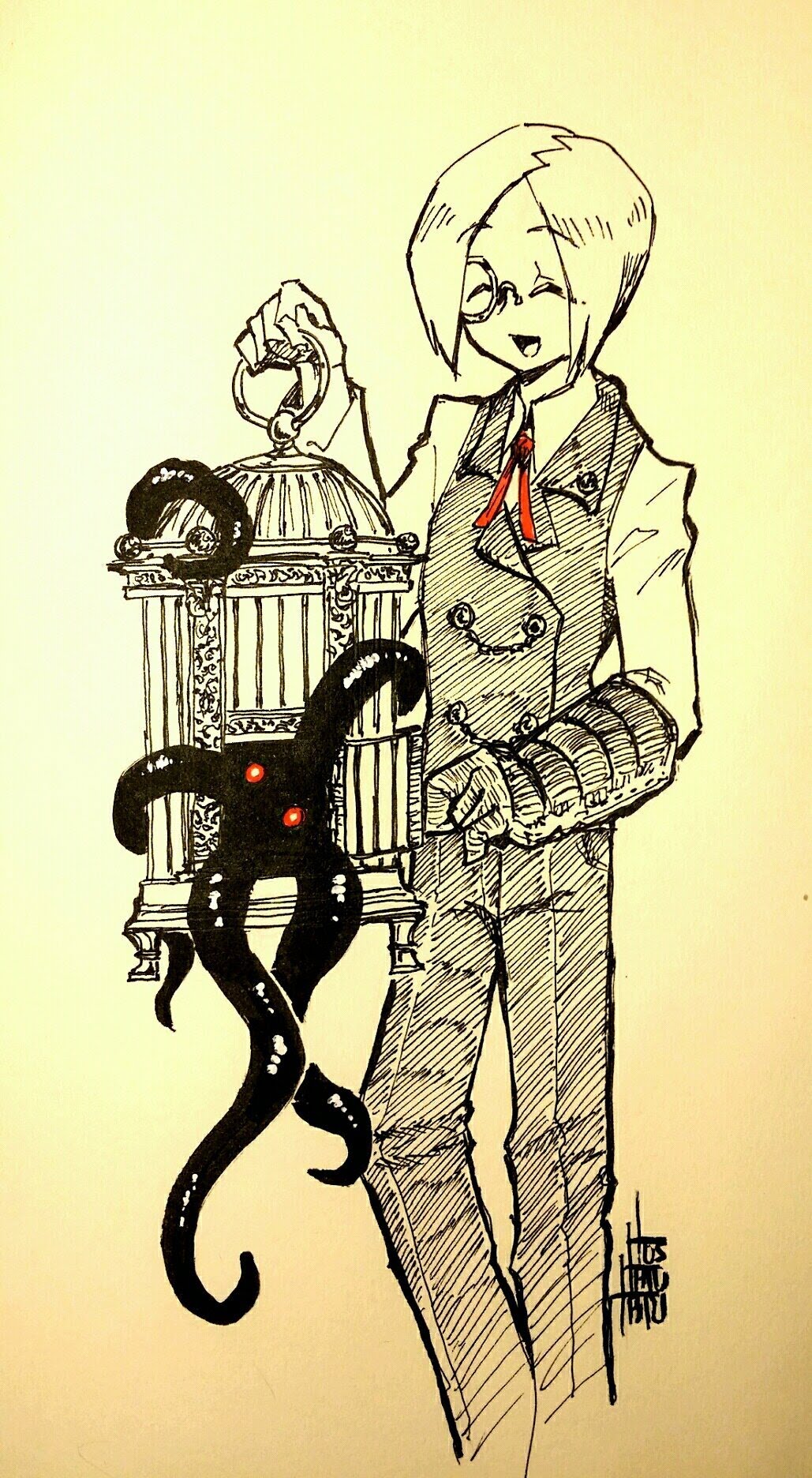 a black and white illustration of a man with a large smile and glasses, holding a cage with an octopuslike creature in it.  the man is wearing a suit and bowtie, and has a stylishly patterned jacket. he has short, black hair, and the cage he holds is ornate and has a large, threedimensional octopus creature. the monster has large, red eyes, and is writhing around in the cage, seemingly enjoying being held captive.