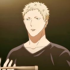 this is a close up illustration of a young man with short, spiky blond hair and piercings on his ear and lip. he has a cool and aloof expression on his face. he's wearing a loose black vneck shirt. the background is a warm, solid color.  this style of drawing is common in anime and manga.