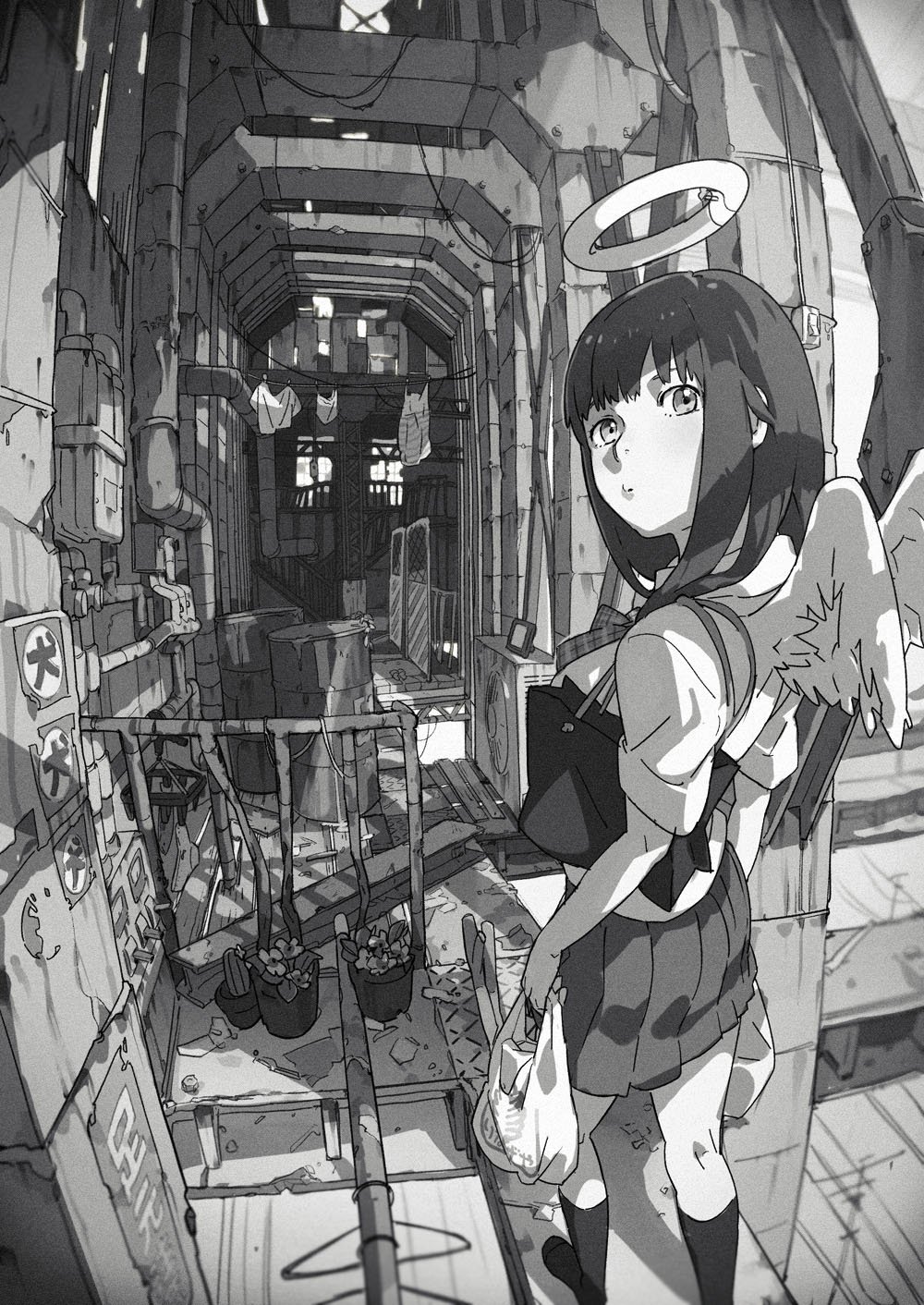 an anime girl with angel wings and a halo stands in a rundown alleyway, carrying groceries. she's dressed in a school uniform and her hair is long and dark. the image is black and white, creating a gritty and atmospheric feel.