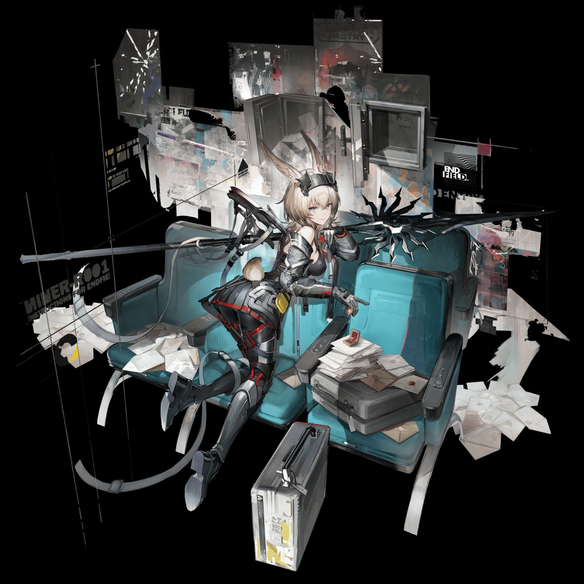 the image is a digital illustration featuring a female anime character, seemingly from the game arknights (judging by the style and the "minerva001" marking), in a cyberpunk or postapocalyptic setting. she has blonde hair, bunny ears, and is dressed in a darkcolored, armored outfit with red and black accents. she's sitting in a tealcolored seat that seems to be from a damaged vehicle or aircraft.  around her are scattered papers, documents, a briefcase, and various pieces of debris suggesting a battle or chaotic scene.  she holds a stafflike weapon and has a somewhat serious expression. the overall style is dark and gritty, with a focus on detail in both the character and the environment. the background features fragmented posters and screens, further enhancing the futuristic, slightly dystopian setting.