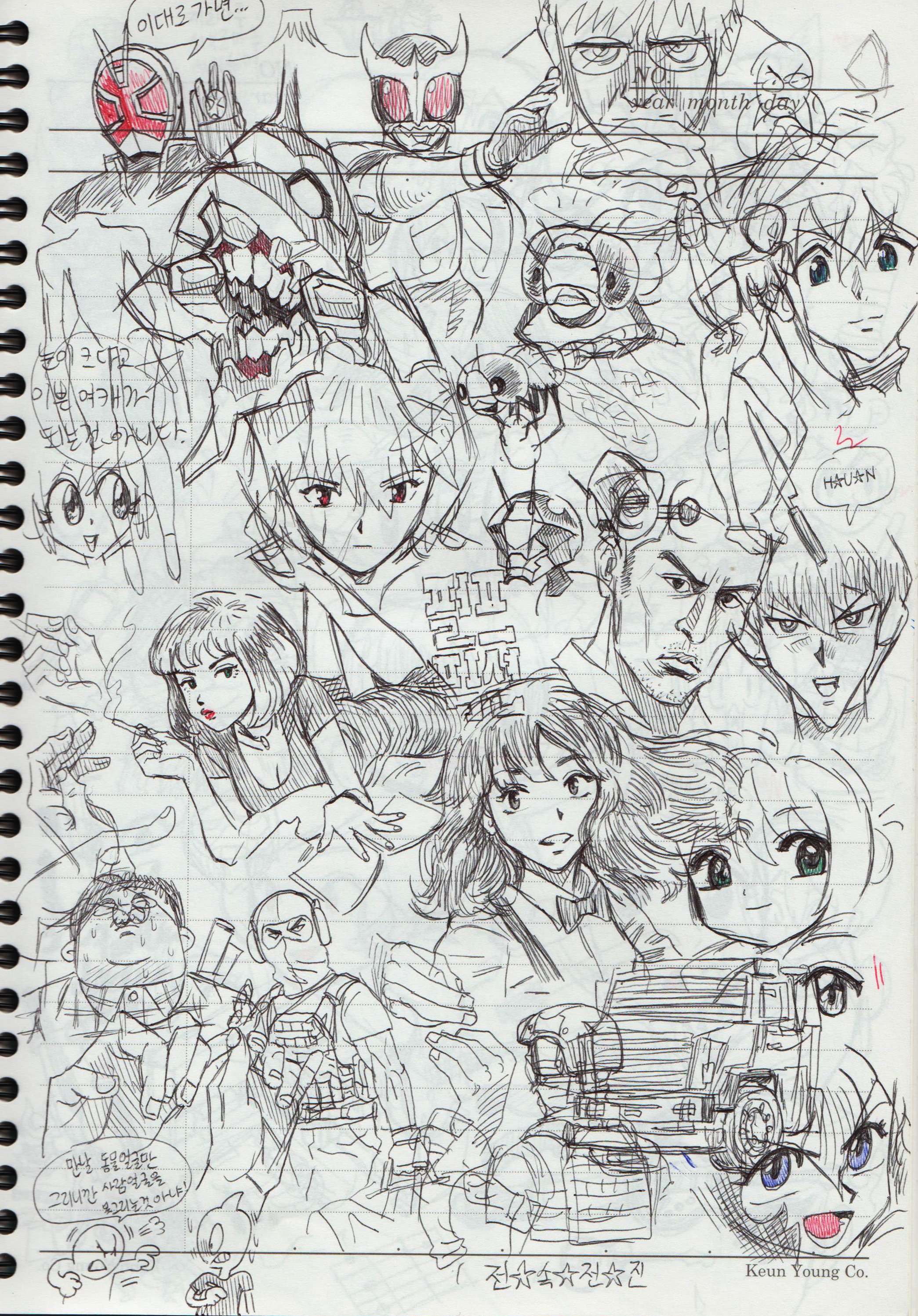 this is a drawing from a notebook, with a collection of different doodles on it. most are of character faces or sketches of people. some of the characters are in anime style. there are also sketches of a truck, guns and military figures. it is filled with a variety of images and styles.