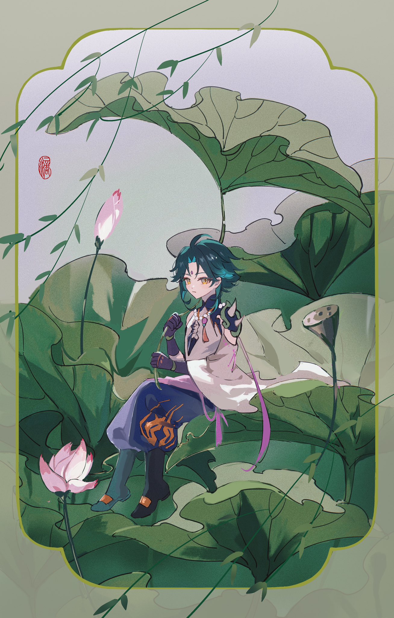 an anime style boy wearing blue and white clothing sits on a large lotus leaf. he has green hair and eyes.  the image is set in a lush green forest with large lotus leaves and flowers.  the background is a soft purple color and there is a subtle hint of an asianinspired aesthetic.  the boy is looking downward.