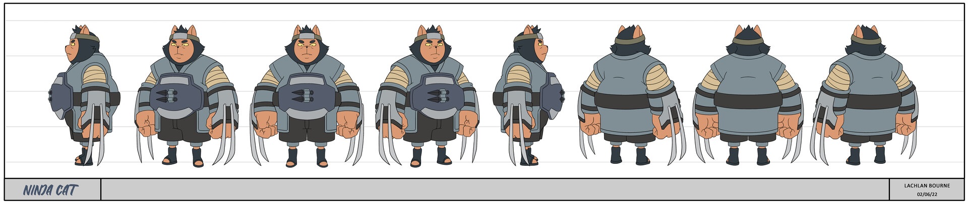 a model sheet showing the front, back, and side views of a muscular anthropomorphic ninja cat character design. the cat is wearing gray and blue ninja garb with a vest. the character has sharp claws.