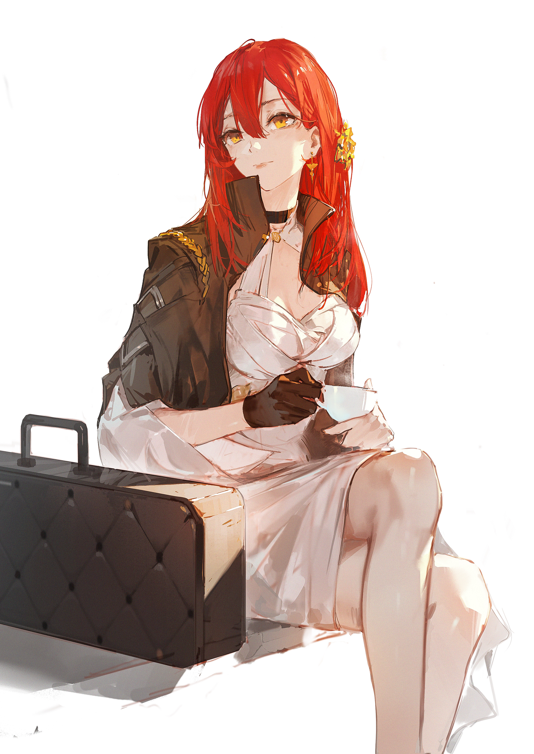 the image features an anime girl with long, flowing red hair, wearing a white dress and a black jacket. she is sitting with one leg crossed over the other, and is holding a teacup in her hand. there is a black suitcase next to her. the background is white.