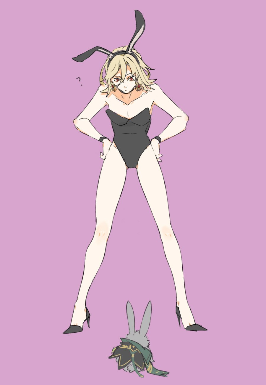 a drawing of an anime girl wearing a bunny suit and bunny ears with a small rabbit in the foreground. the girl is looking at the camera with a confused expression. the background is a solid pink color.