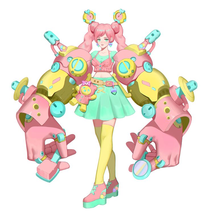 this is a digital illustration of an anime girl with pink hair and a cute pink and yellow robot arm. the girl is wearing a light green skirt and a pink top, and she has a pink teddy bear in her hand. the robot arm is holding a mirror and a toothbrush. the background is white.