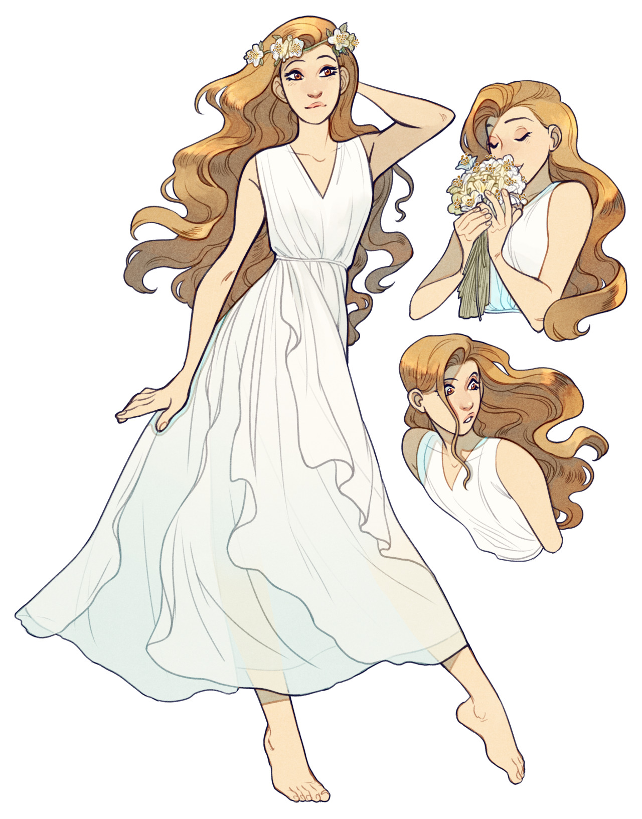 a lineup sheet of a woman with long flowing red hair and a white dress. she is holding flowers in one image and wearing a flower crown in another.  she appears graceful and ethereal.