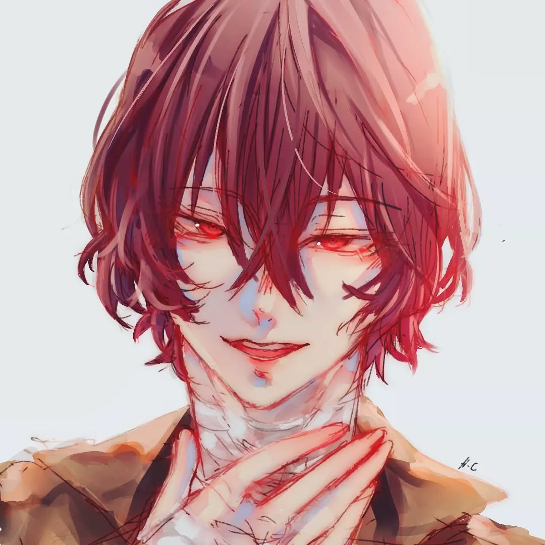 the image is a closeup digital painting or illustration in an anime/manga style. it depicts a young man with vibrant, short red hair and equally striking red eyes.  he has bandages wrapped around his neck, suggesting a recent injury or trauma. his expression is a subtle smirk, hinting at a complex and potentially unsettling personality.  the art style is soft yet detailed, with a focus on the character's intense gaze and emotional nuance. the color palette is predominantly red and muted tones, creating a captivating and slightly dramatic atmosphere.  the overall impression is one of beauty, but also undercurrents of mystery and darkness.