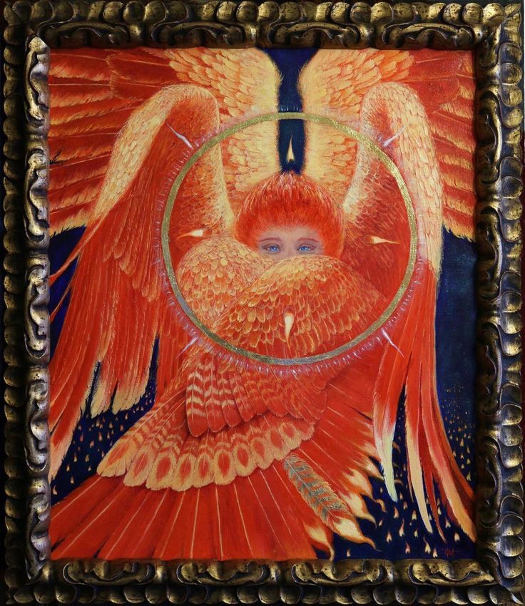 a painting depicting an angel with red hair and blue eyes, framed by red and orange wings. a golden halo surrounds the figure. the background is dark blue with small, shimmering details. the painting is enclosed in an ornate, dark frame with gold accents.
