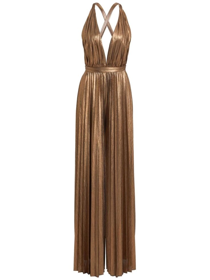 a gold metallic pleated halter jumpsuit. the sleeveless jumpsuit is a flattering, elegant style that would be perfect for a special occasion. the pleats add a touch of sophistication, and the metallic fabric gives it a glamorous look.