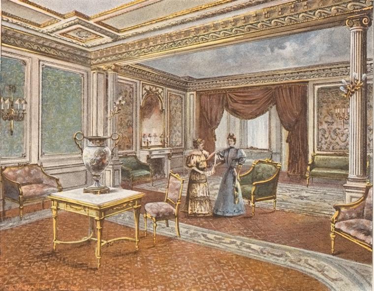 an ornate interior design features two women in vintage dresses conversing. the room has high ceilings with decorative molding and architectural details. furnishings include chairs, sofas, a table with a vase, and a fireplace. columns and heavy curtains frame windows, and the walls are decorated with paintings and sconces.