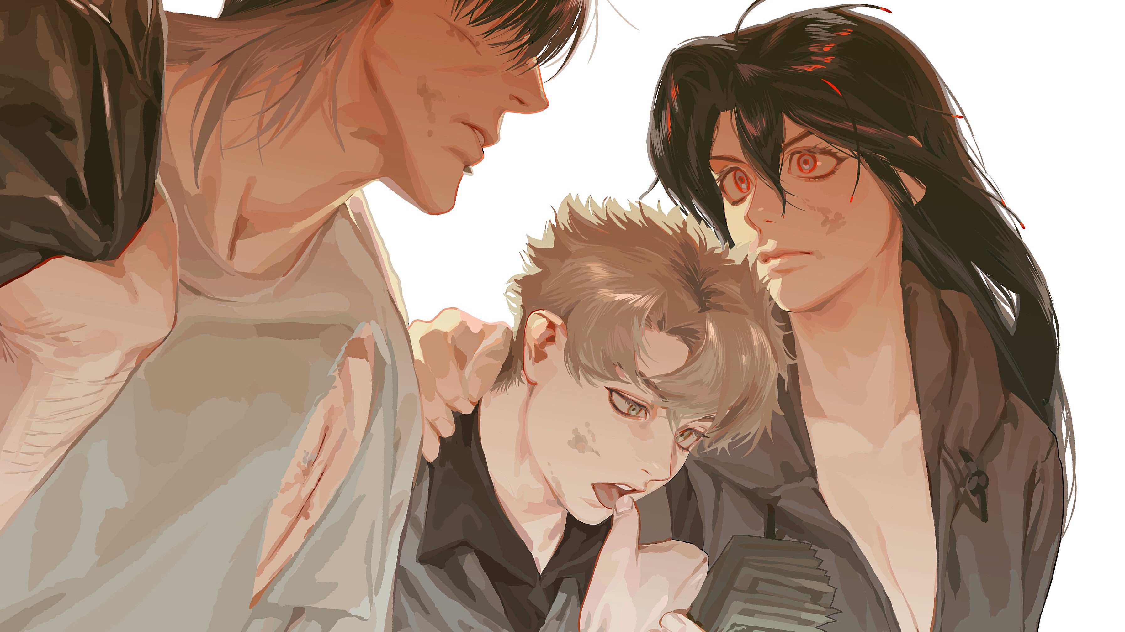 the image is an animestyle illustration of three people, seemingly in distress. a man with black hair stands on the right, looking concerned, his eyes are red. to his left is a man with blond hair, he is looking down at something, with his finger in his mouth. behind him is a man with long brown hair with scars on his face. all three have a worn appearance, suggesting a difficult situation.