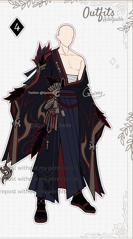 this is a digital illustration of an adoptable character outfit. the outfit is a stylish black and red kimono with intricate wing details and accessories, worn by a male character with a white silhouette. it is designed in the japanese style and features a vibrant color scheme and ornate details. the artwork is presented in an adoptable format, suggesting that it is available for purchase or commission. it is a highquality and detailed digital illustration showcasing the character's fashion sense and artistic style.