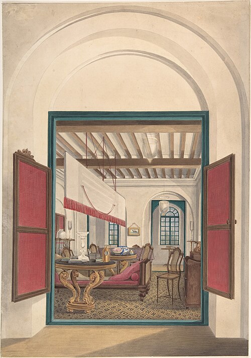 the image shows a view into an elegantly furnished room through a doorway with open shutters. the doorway is arched and surrounded by a muted color. the room features a decorative carpet, various pieces of furniture including tables, chairs, and a daybed with pink cushions. curtains hang from the ceiling, and there are windows with a view to the outside. an archway and a decorative painting or artwork are visible further into the room. the shutters are open, revealing the interior.