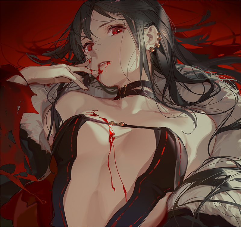 an animestyle illustration depicts a darkhaired woman with red eyes, presumably a vampire, with blood dripping from her mouth and chest. she's wearing a revealing outfit and has a choker around her neck. her expression is intense, and she's looking directly at the viewer.