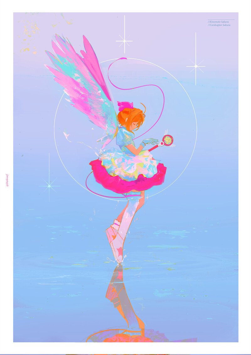 his is a digital fanart illustration of sakura kinomoto from the anime series "cardcaptor sakura." she's depicted in a dynamic pose, seemingly floating above water with a reflection below her.  sakura is dressed in a frilly, pastelcolored dress and has iridescent fairy wings. she holds her iconic wand in one hand, further emphasizing the magical theme. the background is a gradient of soft blues and pinks, contributing to the overall ethereal and dreamy atmosphere.