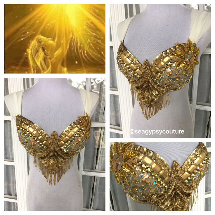 the image contains a collage featuring a golden bra top on a mannequin, along with an image of a golden angelic figure in the upper left. the bra is heavily embellished with gold sequins, beads, and fringe, giving it a costumelike appearance. the @seagypsykcouture watermark suggests it is a designed piece of clothing, likely for a belly dance performance. the mannequin shows the bra's shape and straps.