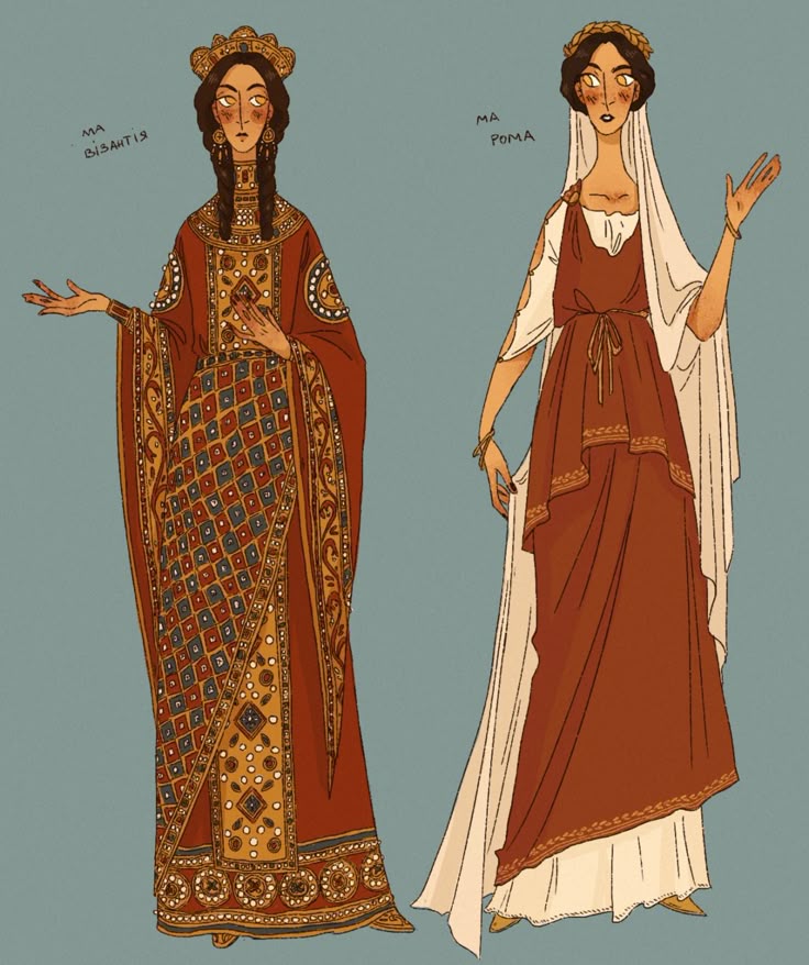 the image shows two women in traditional clothing. the woman on the left is labeled "ma bisantia" and is wearing a heavily patterned, floorlength dress with a gold crown and braided hair. her dress is mostly red and gold, with geometric patterns. the woman on the right is labeled "ma roma" and is wearing a simpler, earthtoned dress with a white veil. she is also wearing a gold crown and bracelet. the background is a light blue color. the image is an illustration of traditional clothing from the byzantine and roman eras.