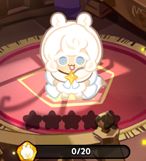 this is a screenshot from the mobile game cookie run: kingdom, showing the levelup interface for the character cotton cookie. the cookie character is displayed prominently, and her star level is currently at 4. the progress bar indicates that the player needs 20 shards in total to increase her level but has 0 at the moment.