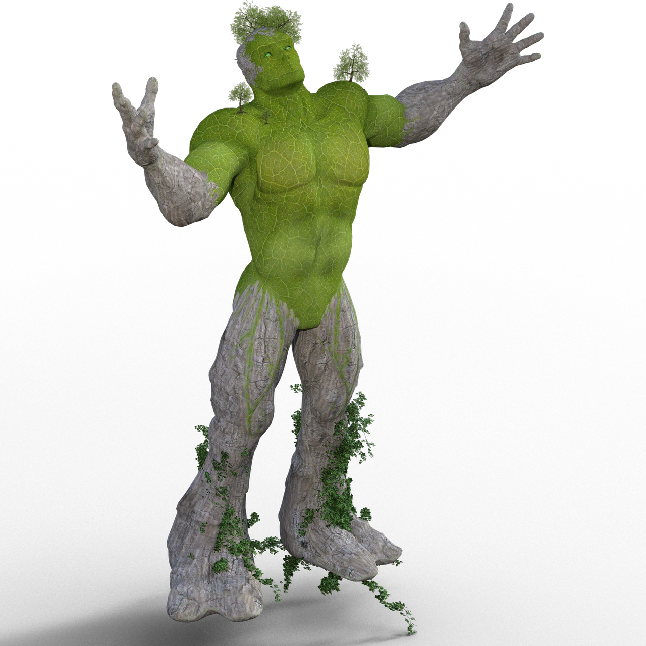 an animated, muscular, superherolike creature with stonetextured skin and mosslike green coloration on its torso and head stands against a black background. the creature, reminiscent of a treeman or forest spirit, has tree sprigs on its head. its limbs are made of stone texture with vines. it's posed with arms raised, palms facing outward.