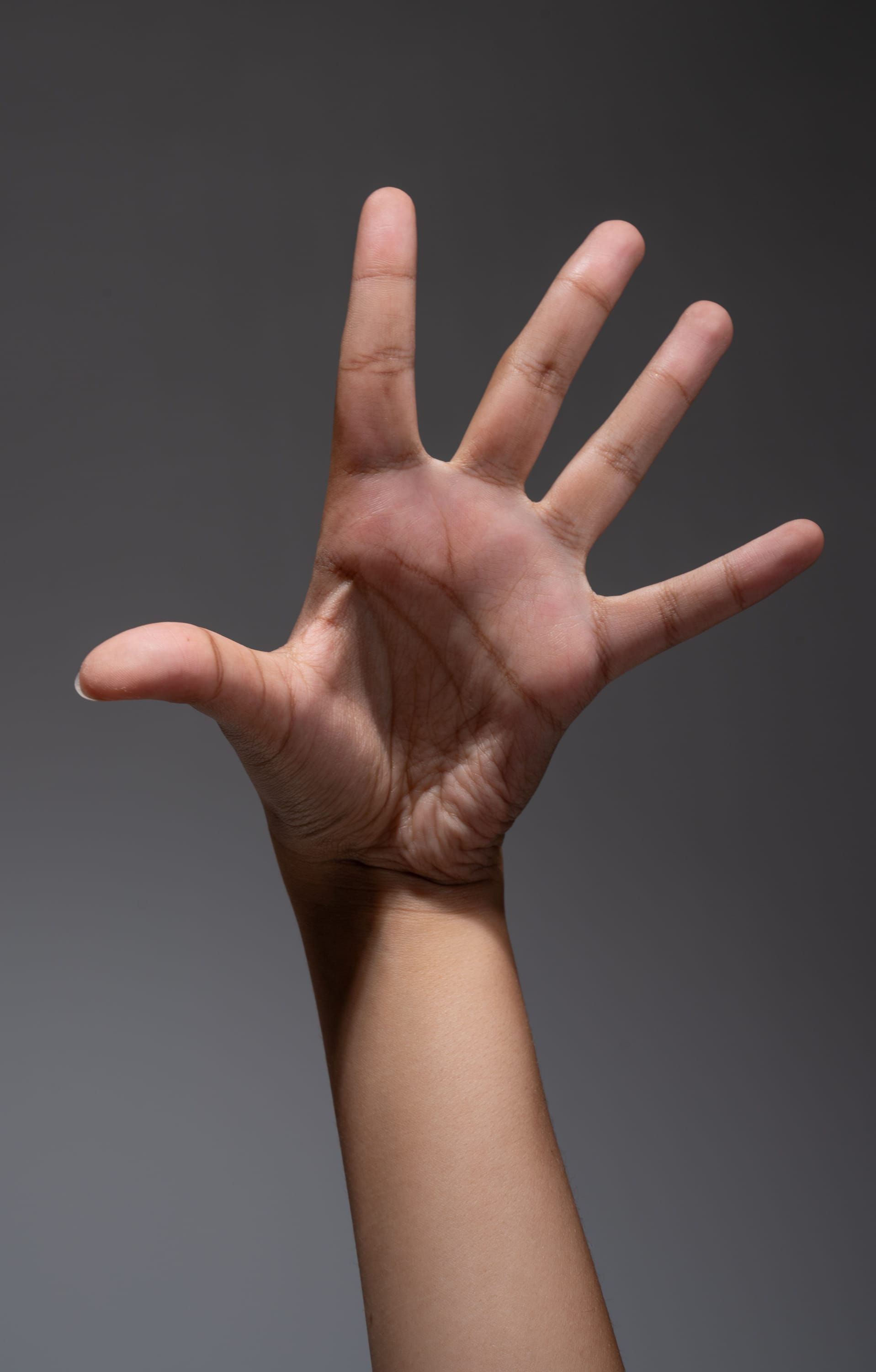 an image of a person's open hand reaching upward against a neutral gray background, illuminated with dramatic lighting to emphasize the shape and texture of the hand.