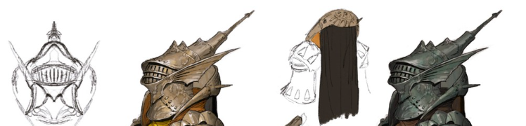 the image shows four stages of a digital painting of a knight's helmet. it starts with a sketch, progresses to adding color and detail, and ends with a more polished and finished look.