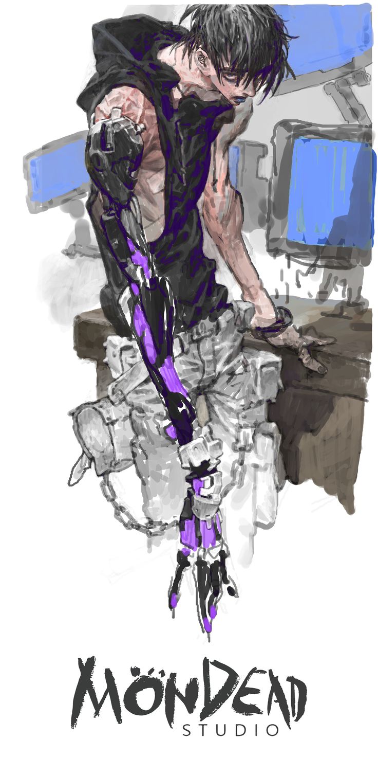 this is an illustration of a futuristic man with a robot arm. he is standing with his arm extended, holding a weapon. he is wearing casual clothes and has a tough look on his face. the illustration is in black and white, with a rough texture and grunge style. the name "mön dead studio" is written at the bottom of the image.