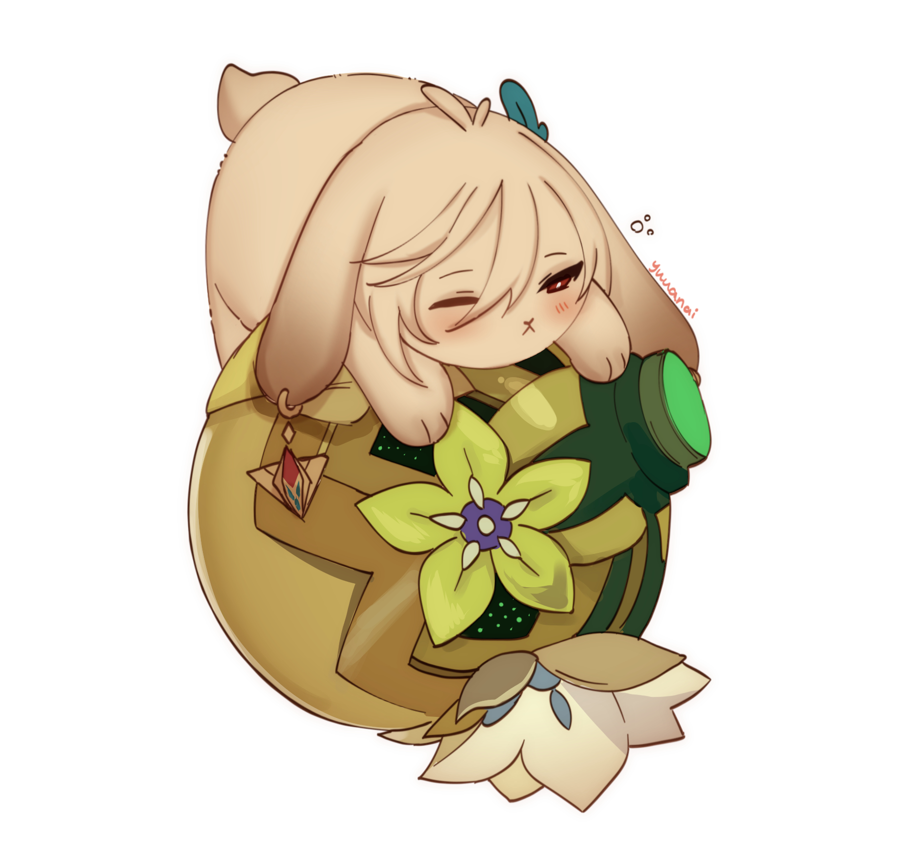 a cute chibi anime character, a girl with bunny ears and a tail is sleeping on a flower. the flower has yellow petals and green leaves and is nestled within a gold pod with green accents. the character is holding onto the pod and has a sleepy expression. the drawing style is very cute and the character is very cuddly looking. the background is white.