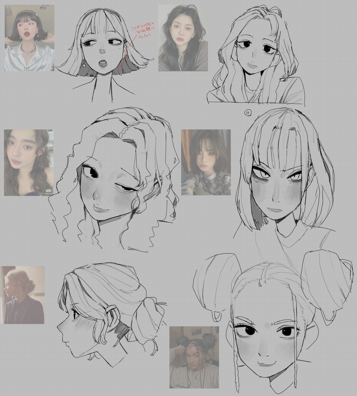the image shows a collection of digital sketches and drawings of the same woman in various styles.  the artist experiments with different hairstyles, expressions, and levels of realism, showcasing their artistic process and exploration of character design. the use of soft lighting and muted colors adds to the overall aesthetic appeal.