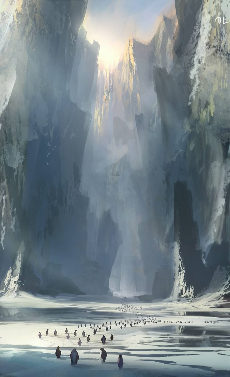 a scenic painting of a landscape in antarctica with a large flock of penguins. the penguins are walking on a snowy and icy valley surrounded by tall, glacial mountains. the sun shines through the mountains in the background, creating a bright spot in the sky. the painting has a wintery feel.