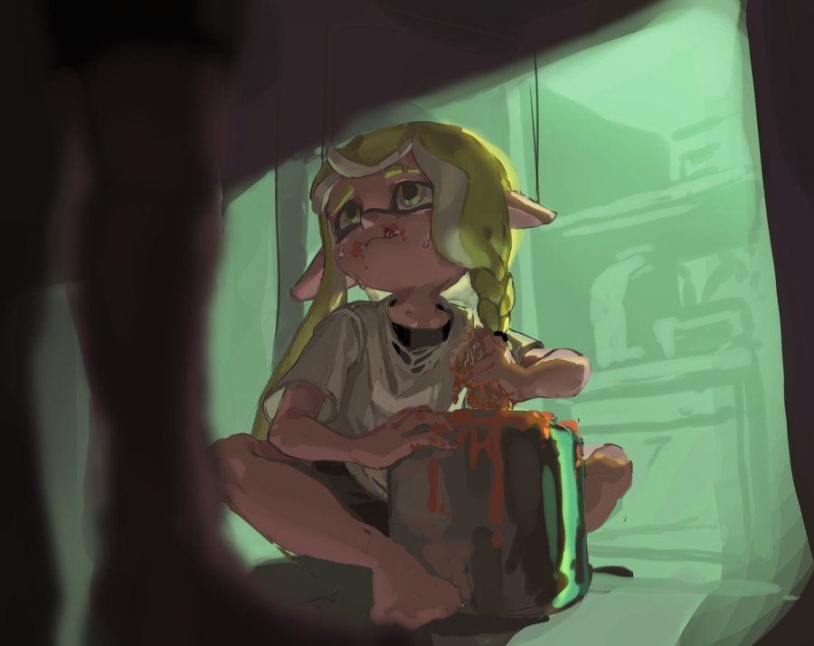 the image depicts a young, female inkling character from the splatoon video game series sitting on the floor in a dimly lit kitchen.  she is eating a messy, red substance from a jar, using her hands. the scene is framed from the perspective of someone hiding and observing her. the overall lighting is green, creating a somber and slightly eerie atmosphere.
