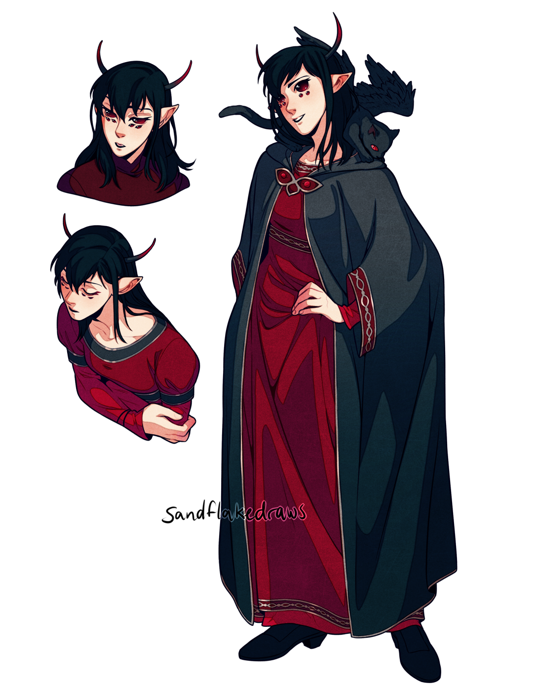 the image shows a character design of a demon girl. she is depicted in three different poses, showing off her full outfit and some different expressions. she has pale skin, black hair, red eyes, and black horns. she is wearing a long, flowing black cloak over a red dress with gold trim. she has a small black cat with red eyes perched on her shoulder.  the art style is digital painting with a focus on line and color.