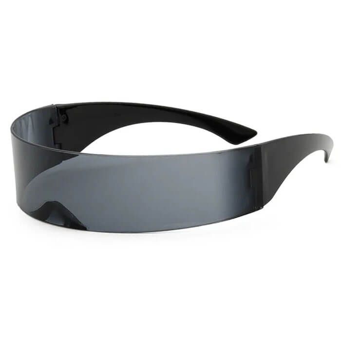 a pair of black futuristic visor sunglasses with a single, large lens. the design is sleek and modern, resembling a shield or a visor. the sunglasses are shown against a white background.
