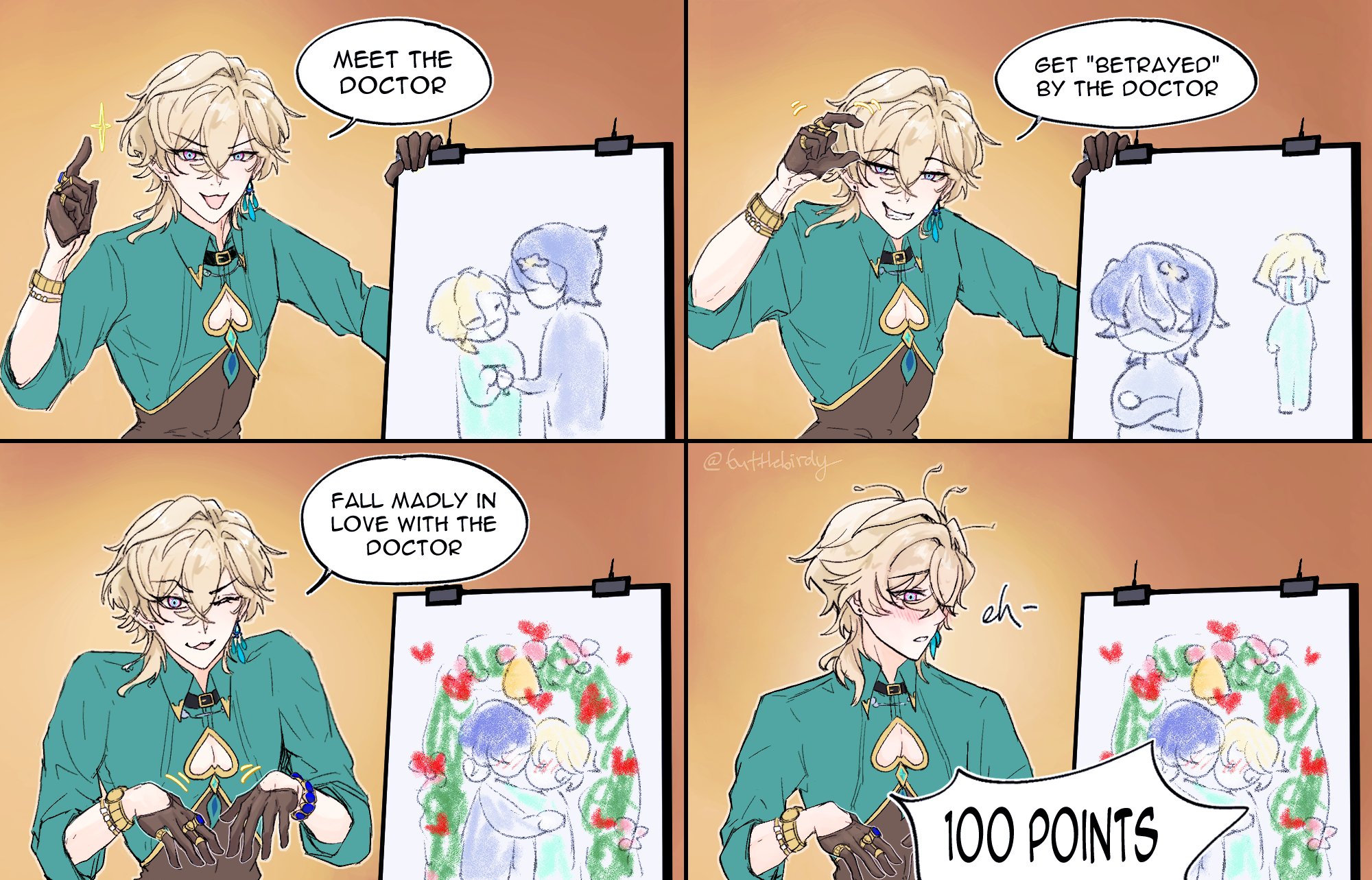 he image is a fourpanel comic strip fanart depicting a lighthearted and humorous narrative about a character's relationship with a doctor. the character, with blond hair and teal clothing, goes through different emotional stages. the first panel shows them "meeting the doctor," the second shows them feeling "betrayed," the third depicts them "falling madly in love," and the final panel shows them seemingly content with a "100 points" score, implying a positive resolution despite the betrayal. the art style is reminiscent of anime and manga, with expressive characters and colorful backgrounds. each panel includes a drawing on an easel, showing the character's perception of their relationship with the doctor at each stage. the overall tone is playful and lighthearted.
