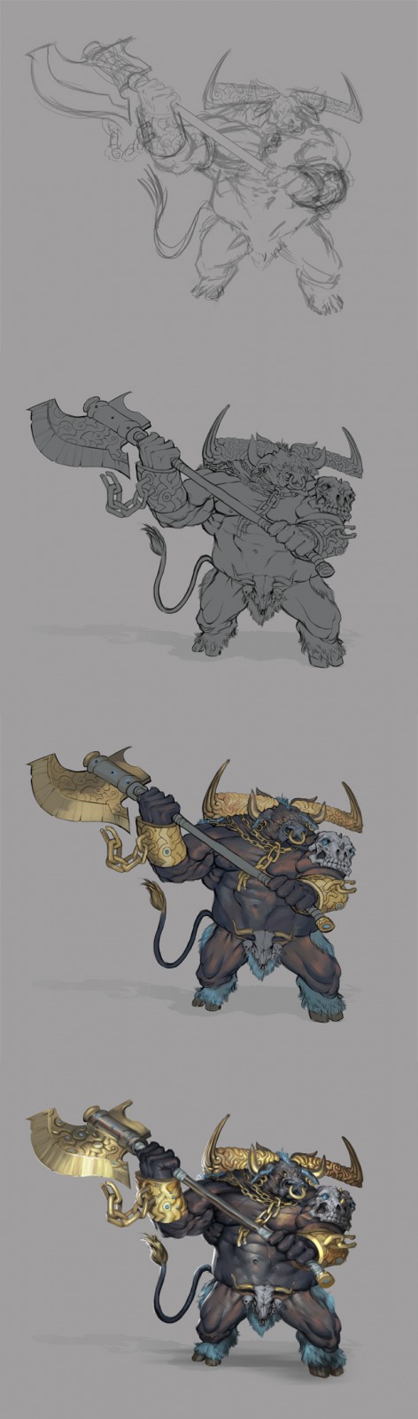 the image shows the design process of a minotaur warrior character, starting from a rough sketch and ending with a fully rendered illustration. the minotaur is shown in a dynamic pose, wielding a large axe with gold accents. its muscular body is adorned with armor and fur, highlighting its intimidating physique. the overall palette is earthy and muted, emphasizing the creature's raw strength and ferocity.