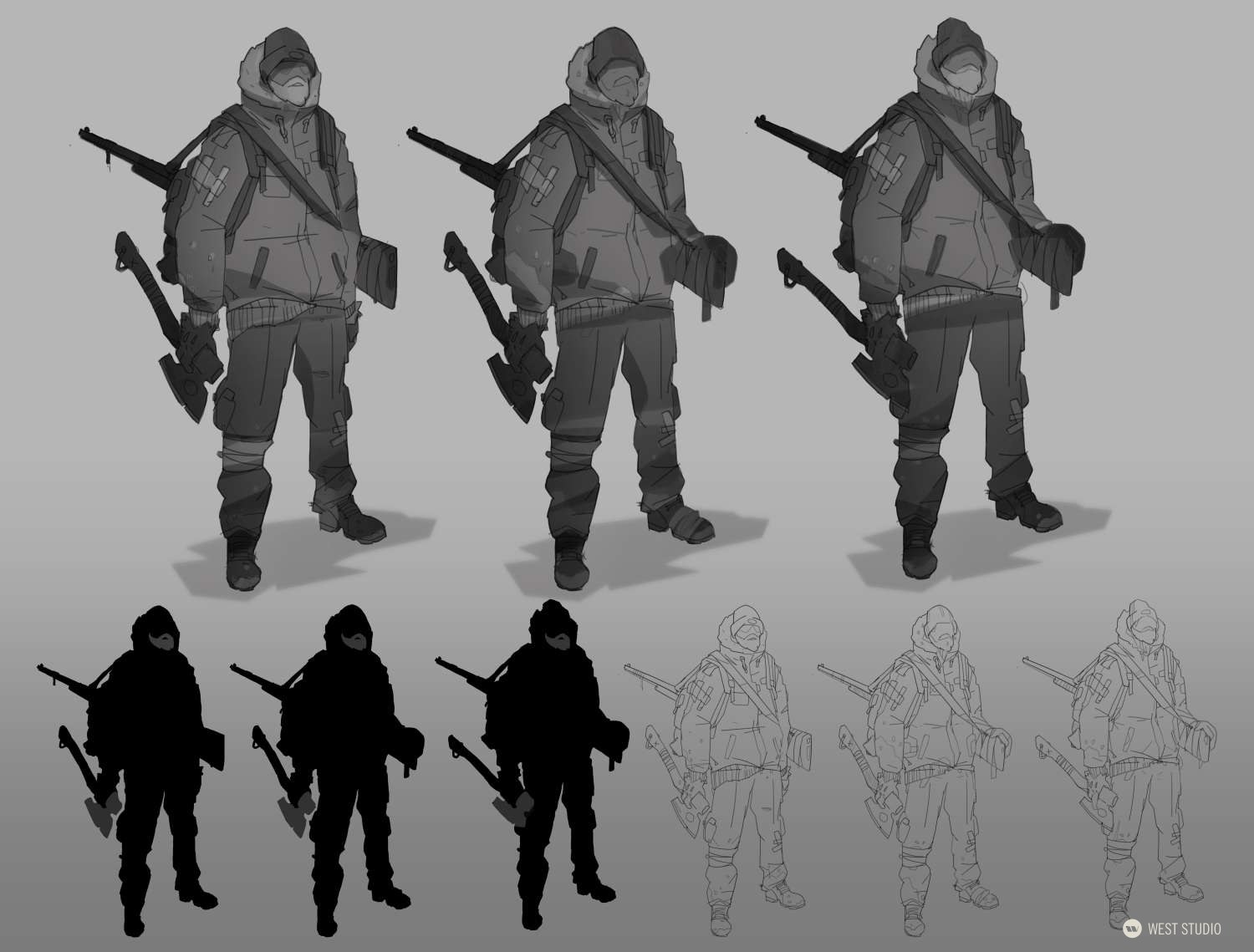 he image showcases six different iterations of a character design for what seems to be a postapocalyptic setting. the character is a rugged man equipped with a backpack, a rifle strapped to his back, and an axe on his hip. the top row presents the character in three different grayscale color schemes. the bottom row features the character's silhouette, a solid blackedout version, and a clean line art rendition.