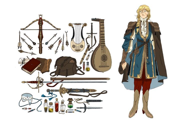 the image is a digital illustration of a fantasy character. they are dressed in medieval clothing, wearing a blue and gold tunic, red pants, and boots. they are holding a lute in one hand and a dagger in the other. there are several other items laid out in front of them, including a bow and arrows, a sword, potions, and a backpack. the character has a confident and heroic look. the art style is in a bright and vibrant style, with a lot of detail in the character and the objects. the overall impression is one of fantasy adventure.