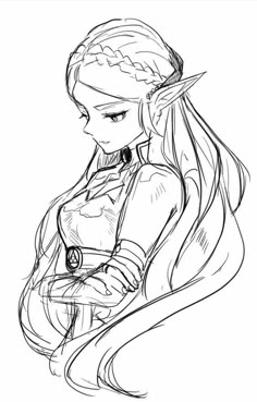 a line drawing of a young anime girl with long braided hair wearing a dress. her long hair covers most of her body. her head is tilted down and her eyes are closed. the drawing has an air of sadness.