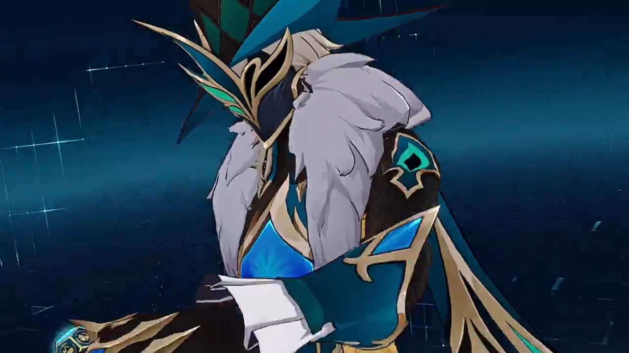 a closeup shot of a blueclad male anime character with white hair and a mask with gold and teal accents. he's wearing a hat with a large white feather on the back. the character is looking down, and the image has an artistic style with a dark blue background.
